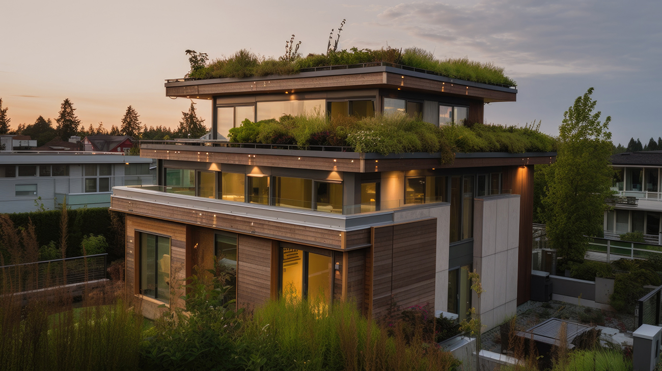 Home architecture design in Mid-Century Style with Angular rooflines constructed by Wood and Glass material. Atomic Ranch style. Generative AI AIG25 .