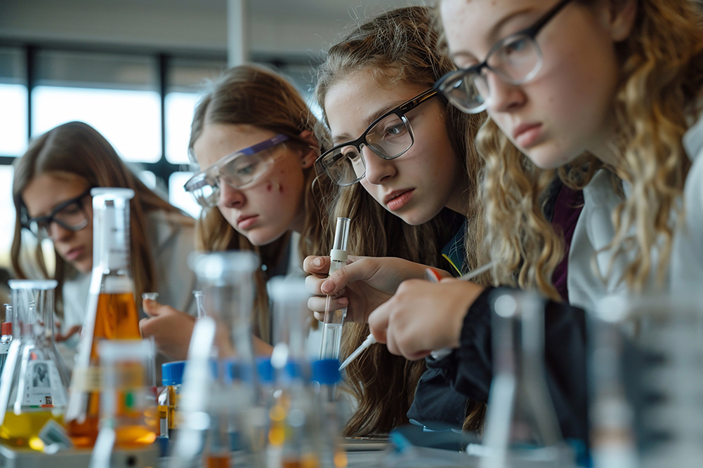 Classroom scene with female students conducting a chemistry experiment, mixing chemicals and observing reactions.